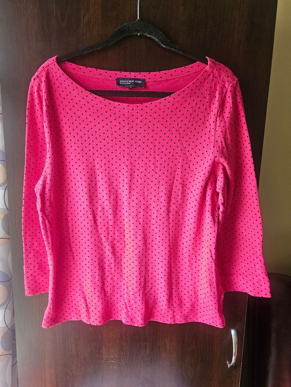 Jones New York Hot Pink Long-Sleeve Top with Black Polka Dots Size XL